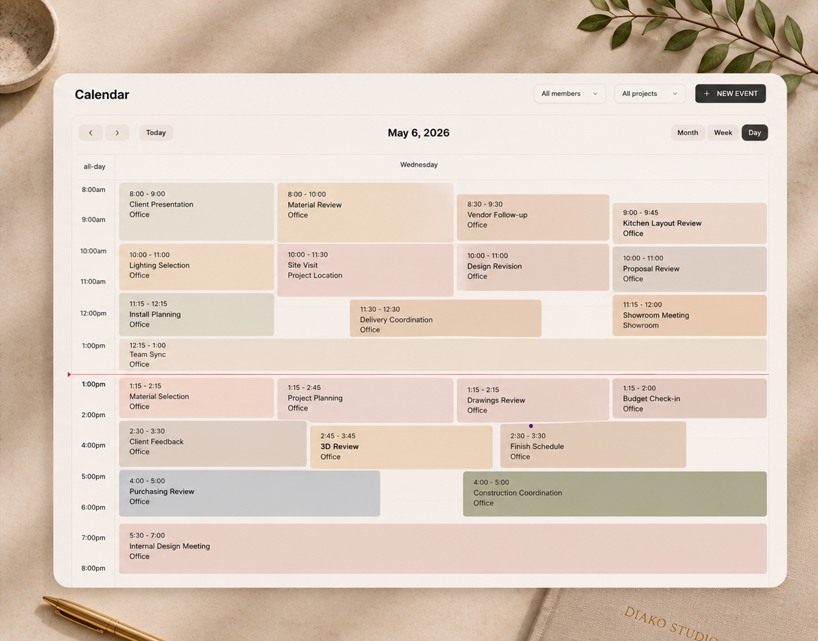 Interior design calendar hero showing scheduling and project-linked workflow