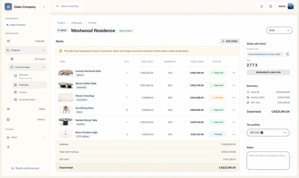 Interior design approvals and purchasing workflow connected to a project