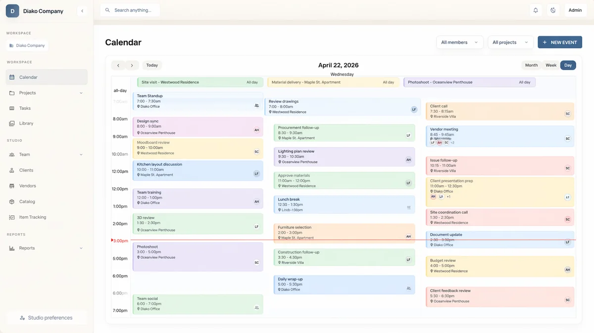 Interior design calendar and project scheduling view