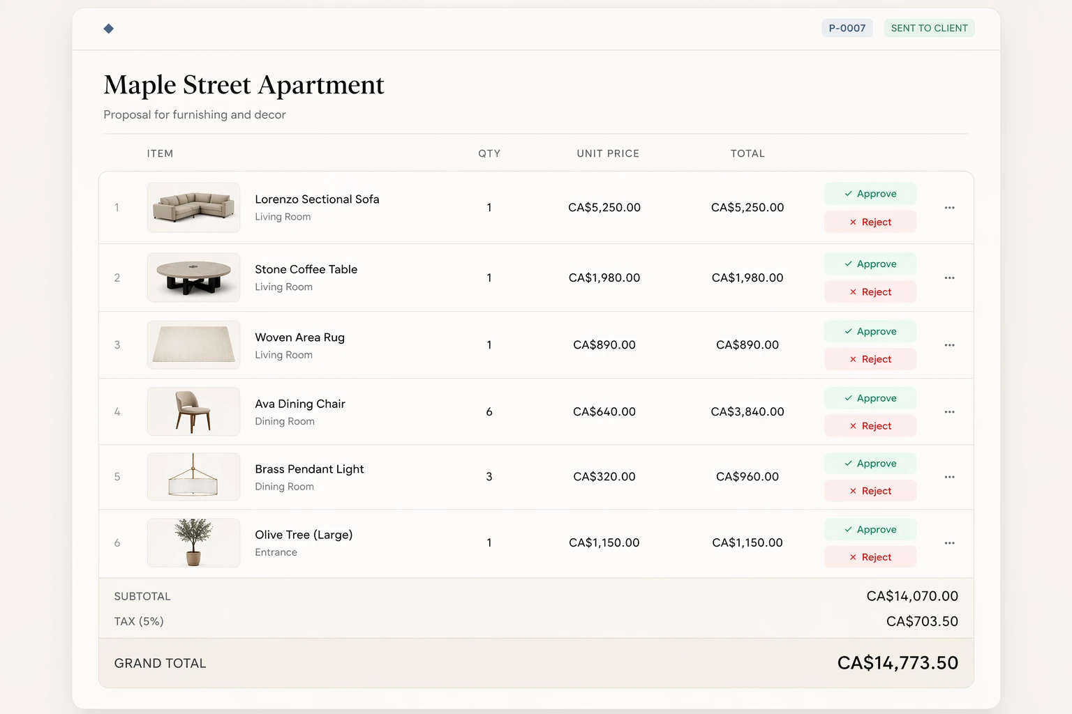 Client-facing proposal review workflow with item decisions