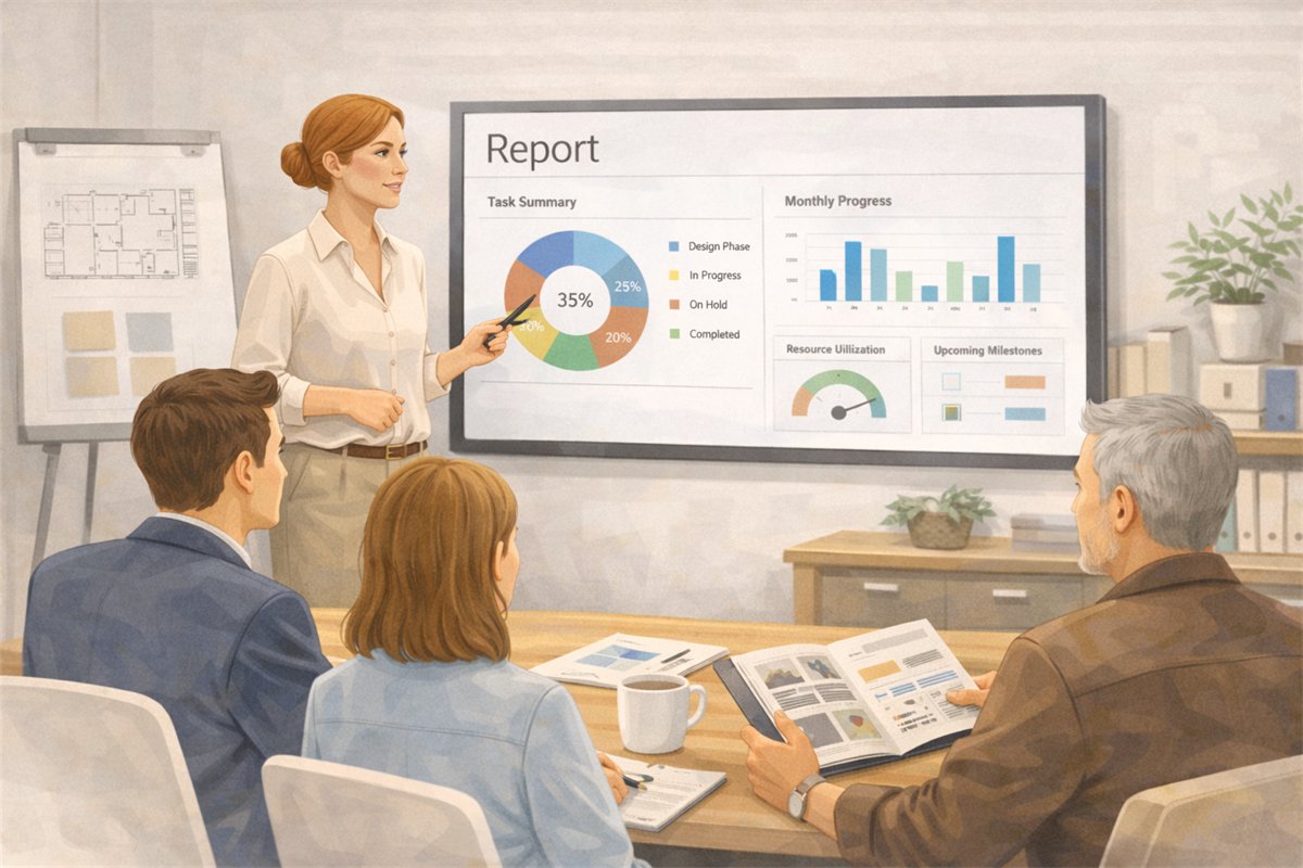 Reporting and Studio Visibility workflow view for interior design studios