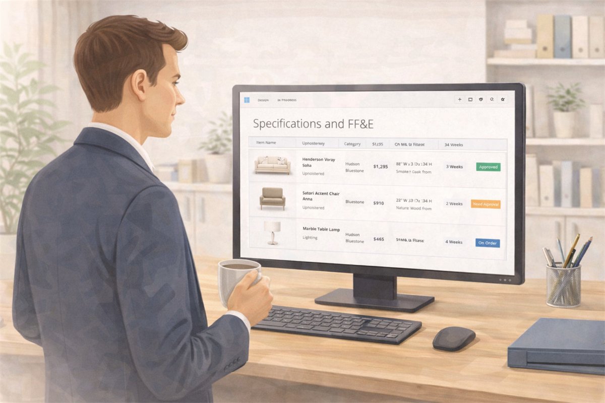 Specifications and FF&E workflow view for interior design studios