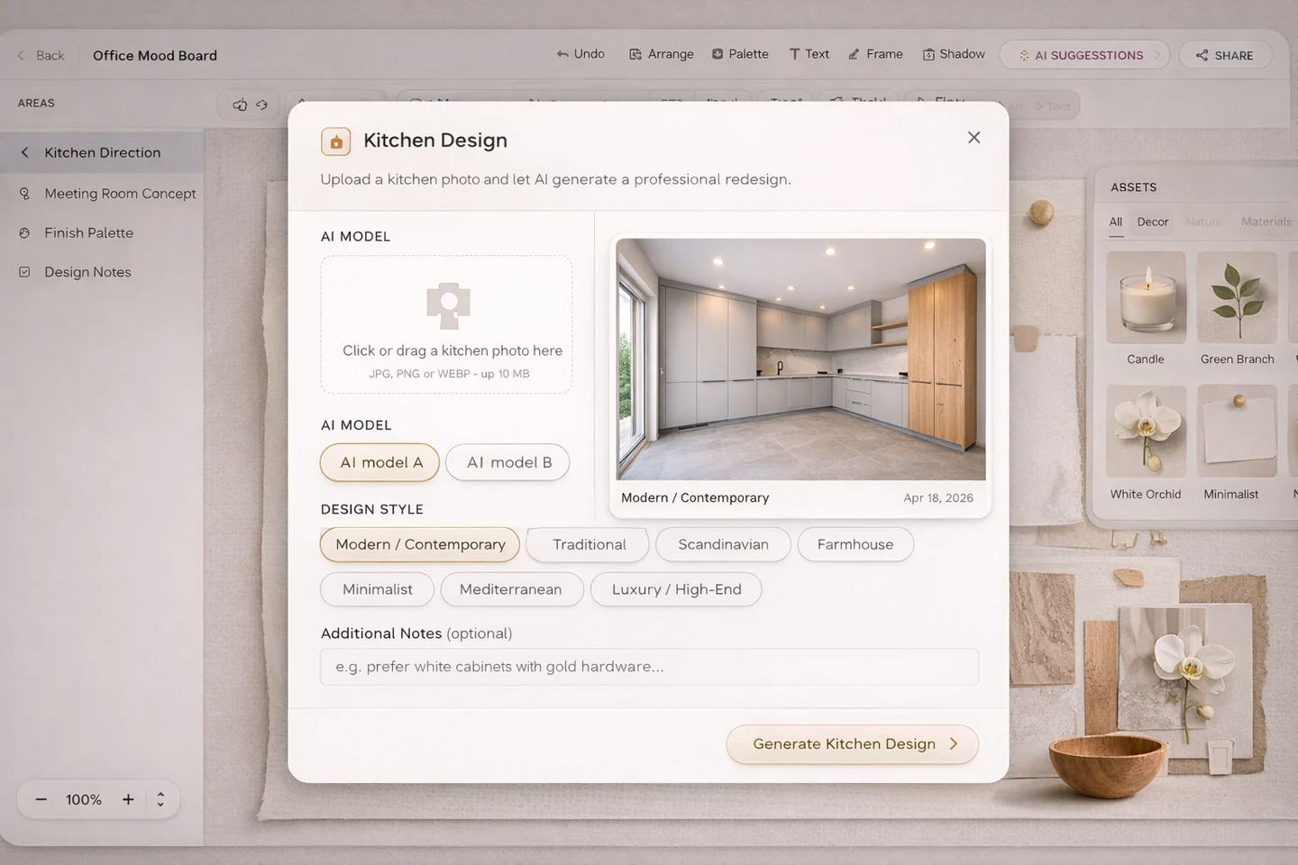 AI design exploration view generating kitchen concept options from a mood board workflow