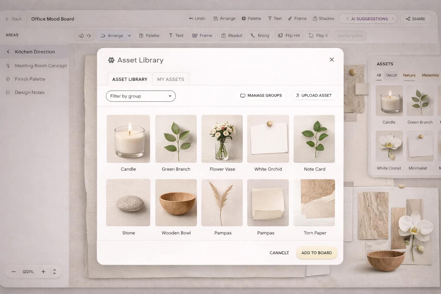 Asset library panel with reusable props and decorative styling elements for mood boards