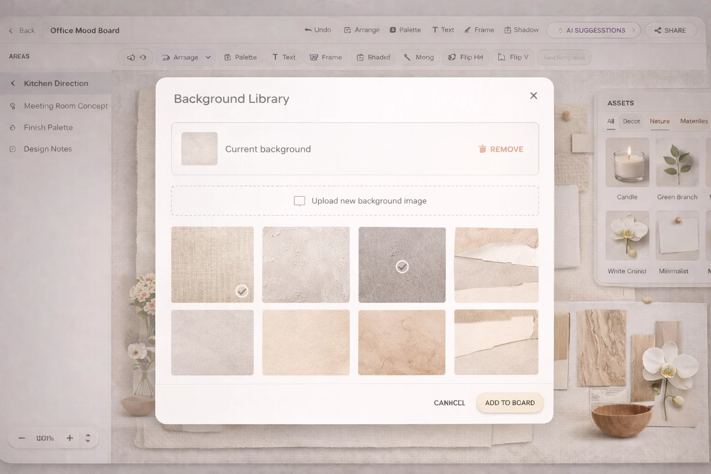 Mood board using a full-bleed background image behind layered furniture and material cutouts