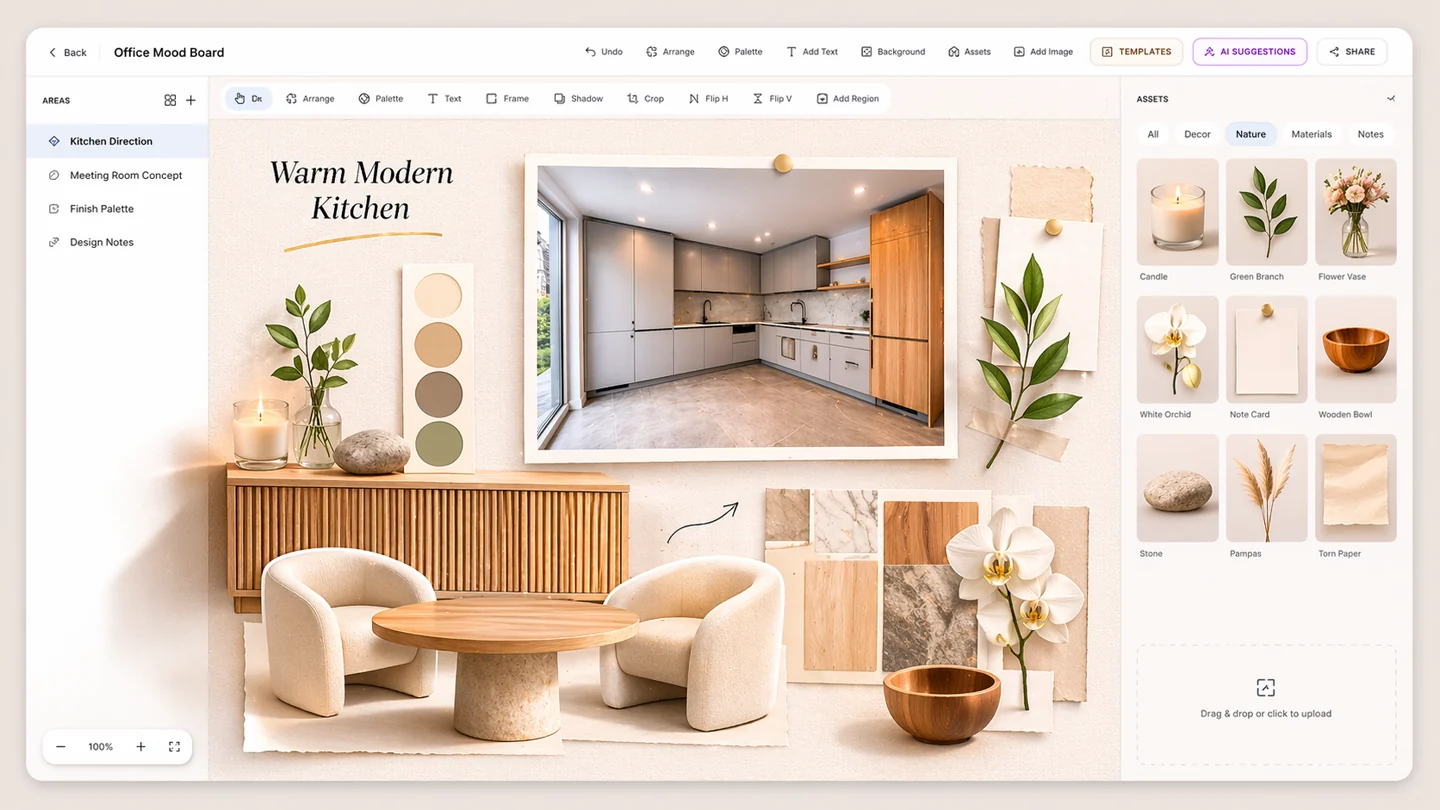 Room-based mood board on a freeform canvas with product cutouts, notes, and material samples