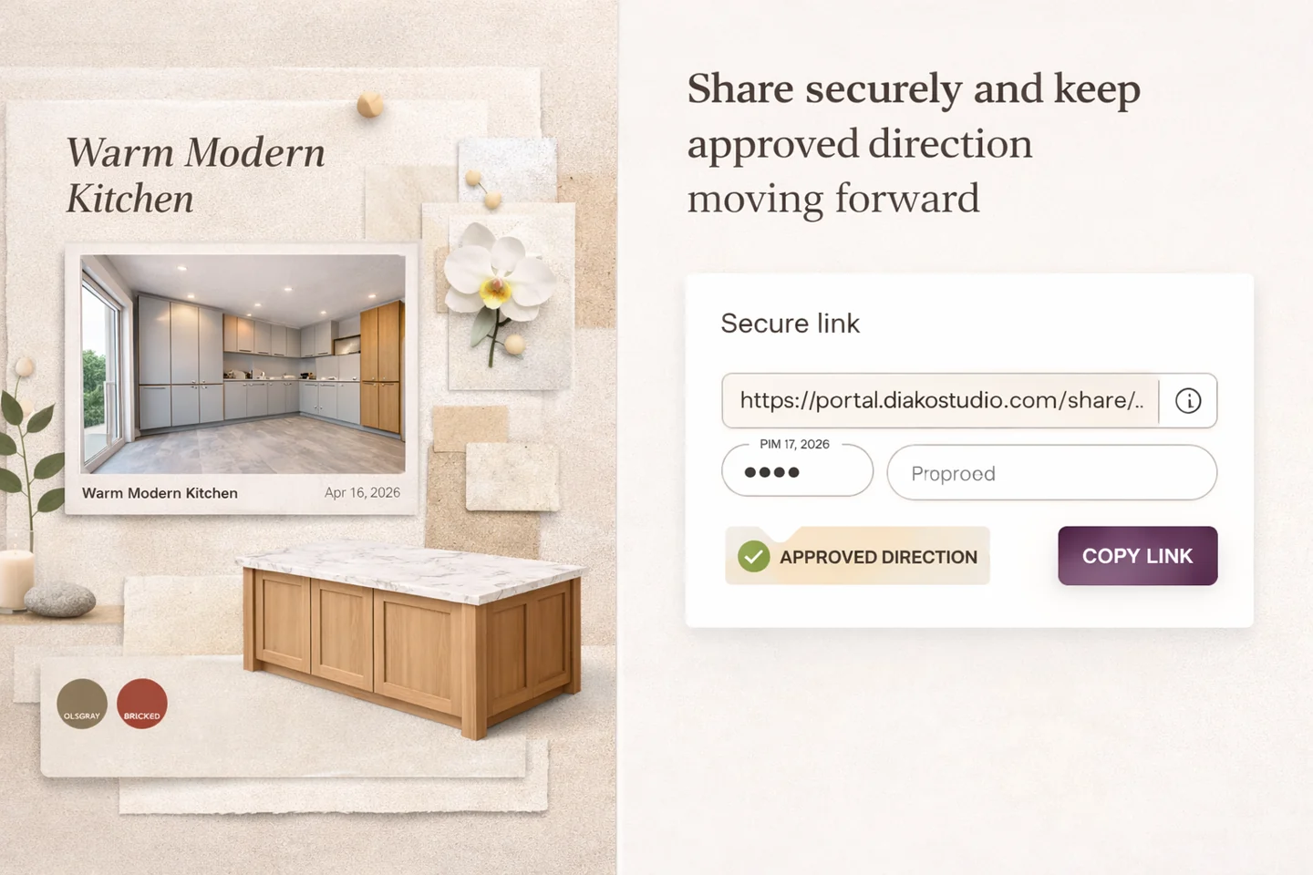 Shared mood board review page with secure client presentation and feedback controls