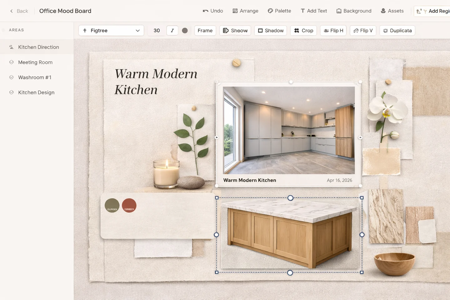Mood board editor with toolbar controls for alignment, layer order, and object styling
