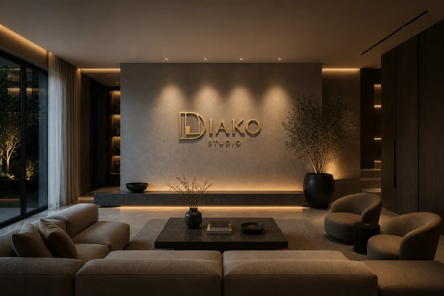 Diako Studio interface shown in a warm interior design studio workspace