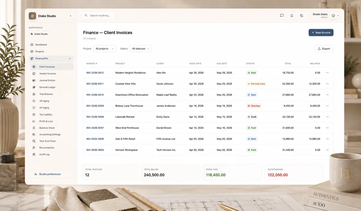 Client invoices and Finance Pro workflow for interior design studios