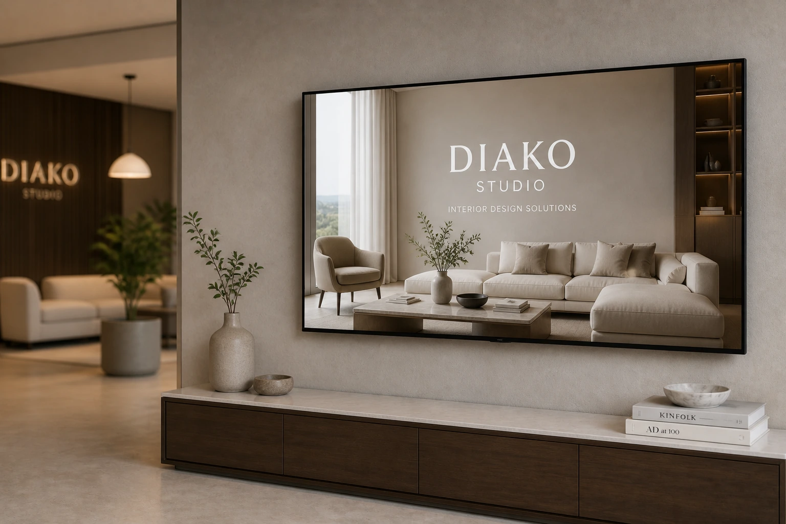 Showroom display presentation running on screens in different spaces