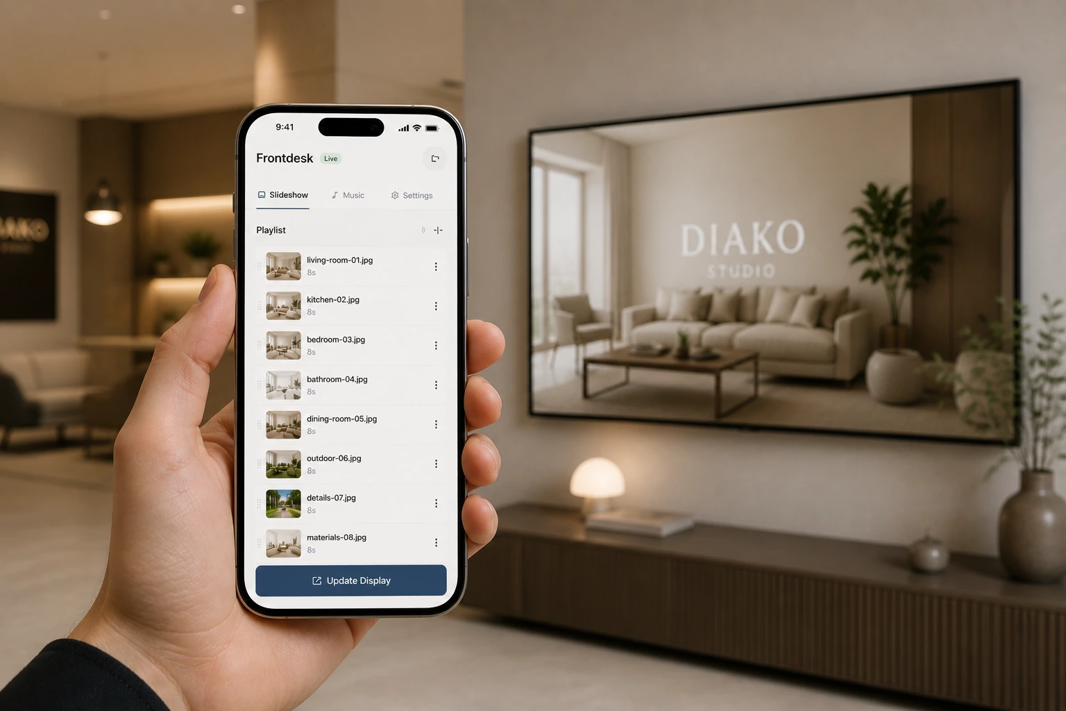 Showroom display controls for confirming and updating content instantly