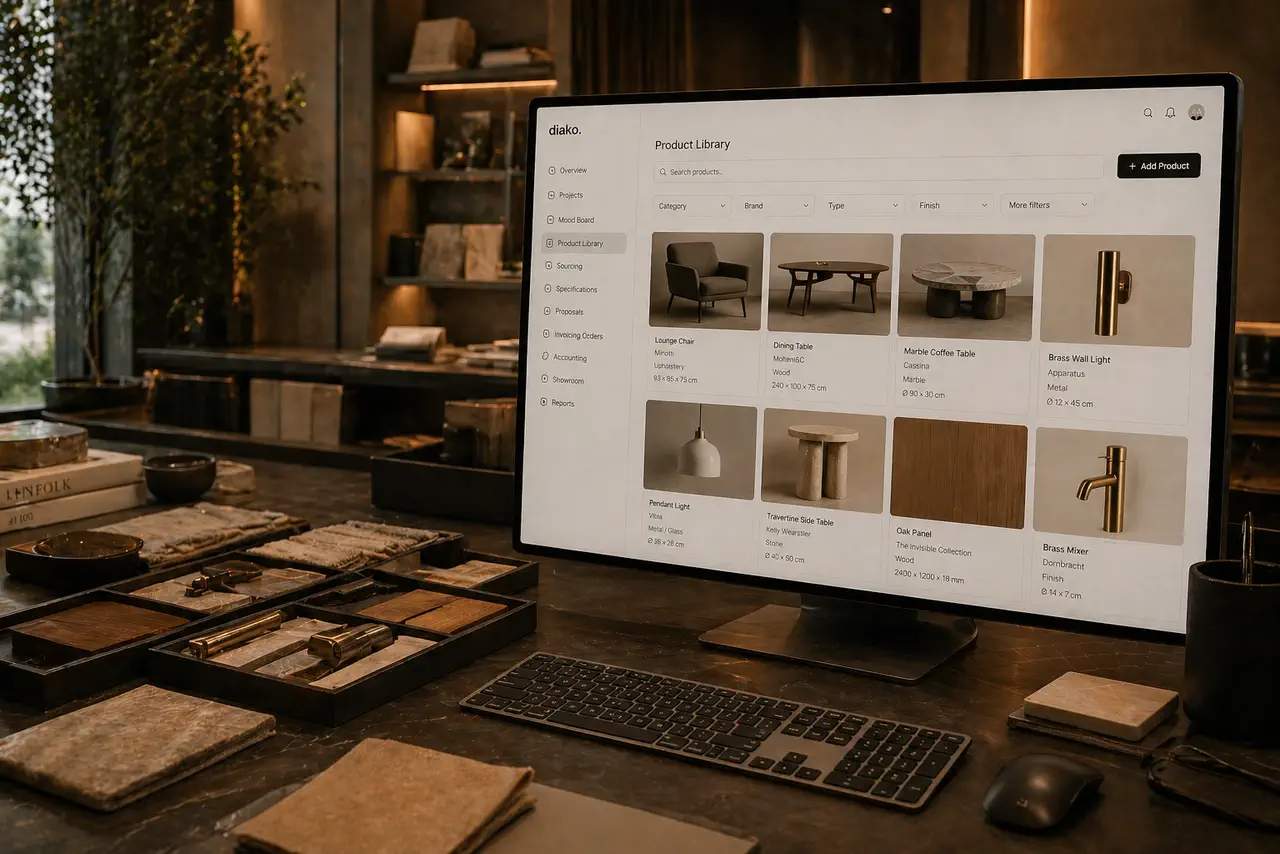 Interior design vendor management workspace with connected product and sourcing data