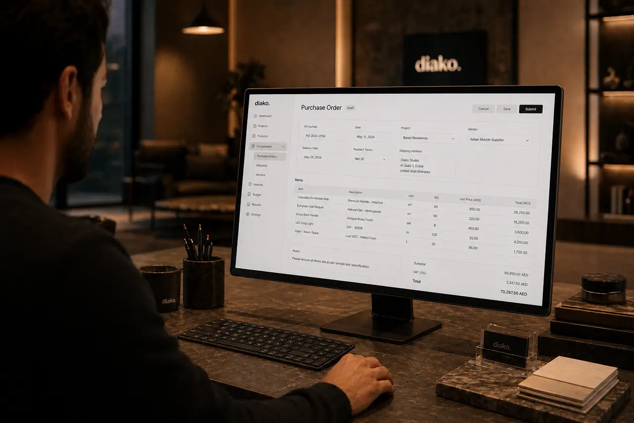 Vendor-ready sourcing and purchasing workflow for interior design studios