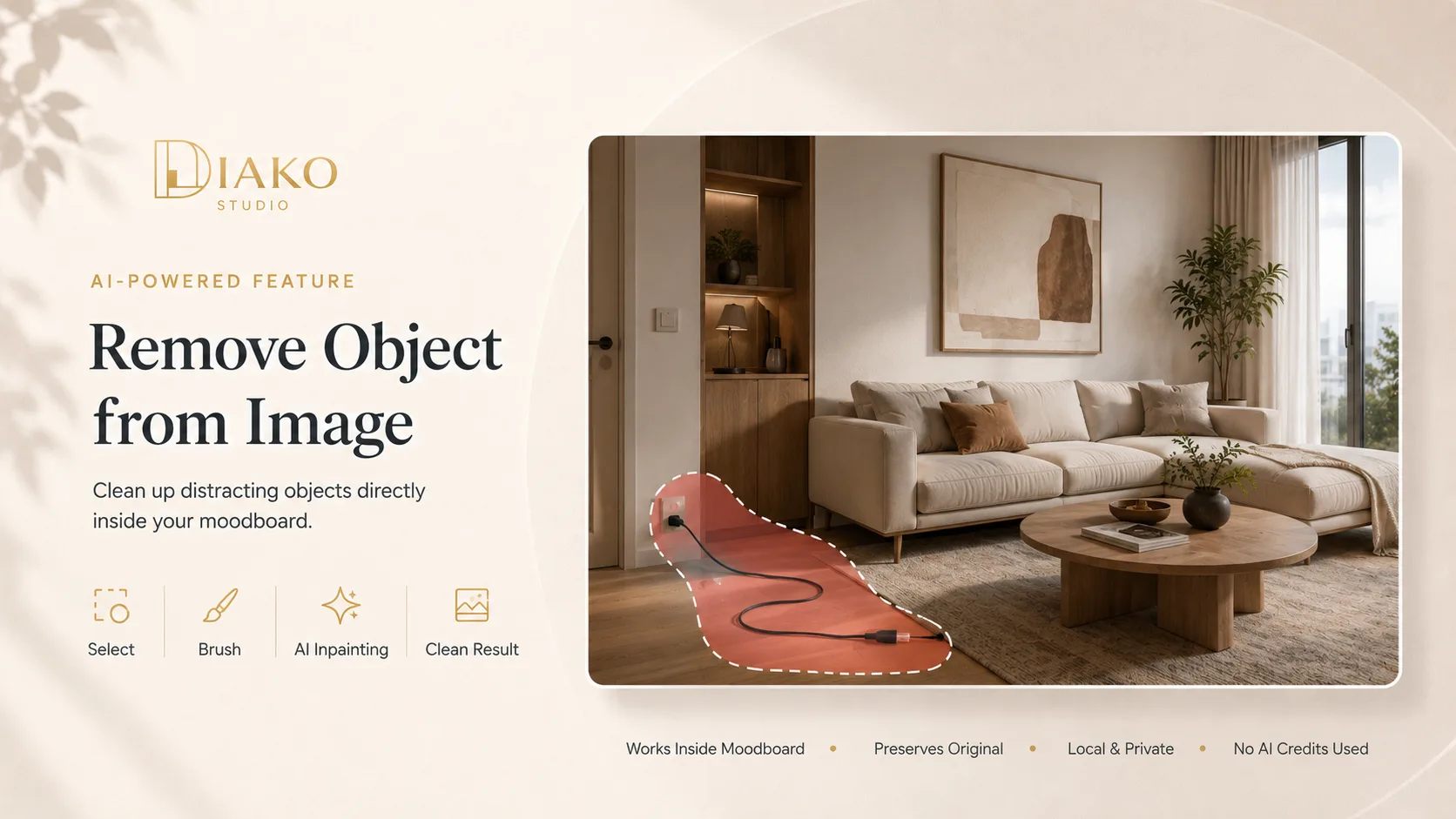 Remove object from image workflow for interior designers inside Diako Studio