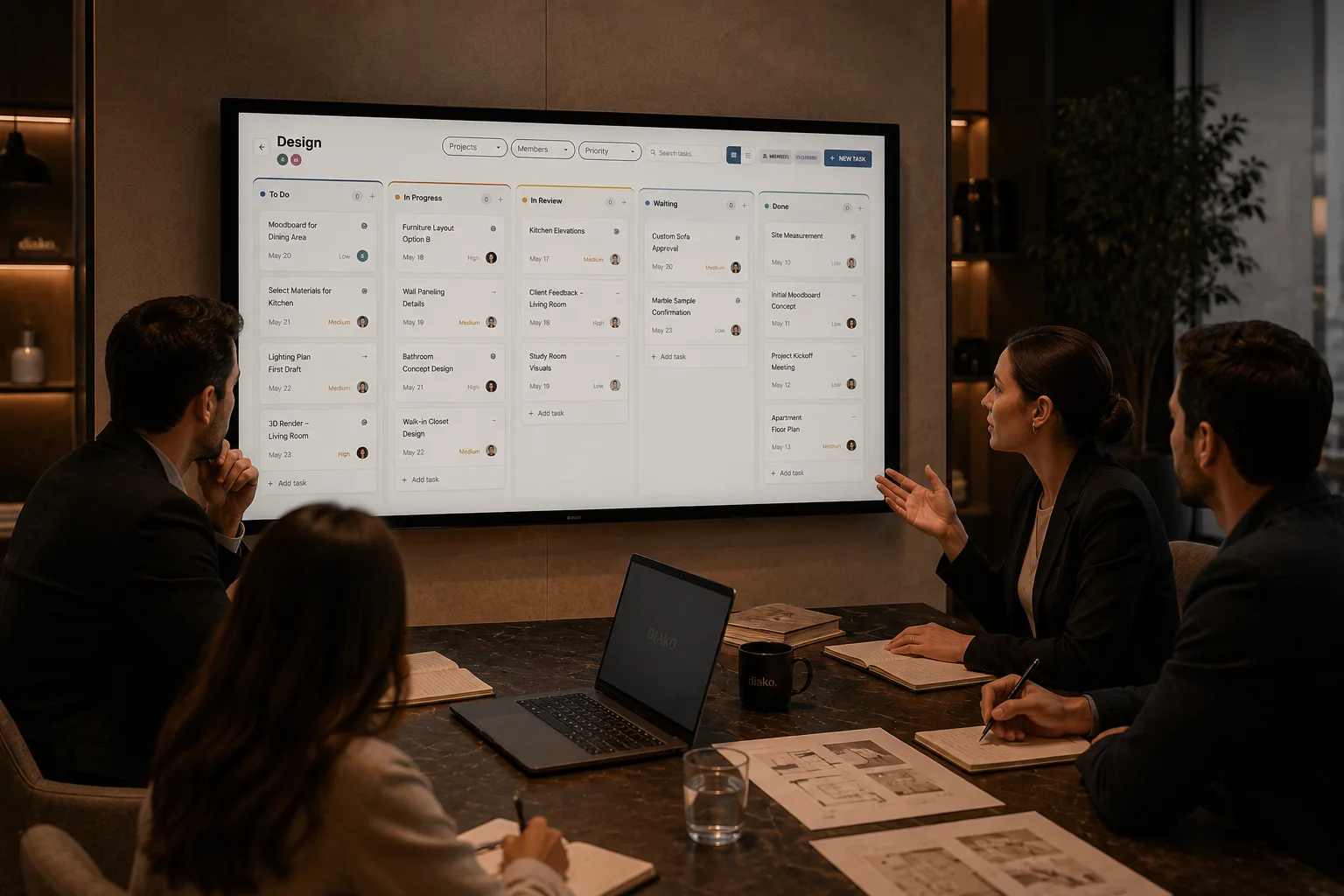 Task board for interior design studios with columns, assignees, and project-linked workflow