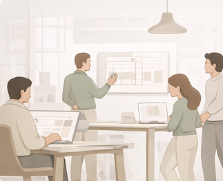 Interior design studio team view representing solo and company accounting workflows
